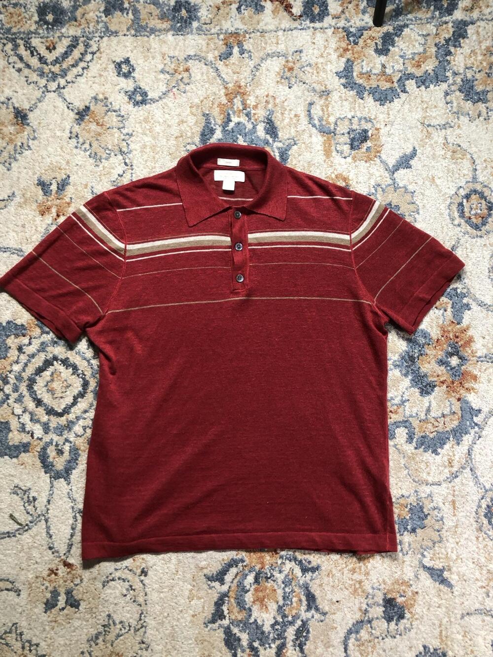 Banana Republic Polo Shirt Mens Small Red Stripe Linen Knit Short Sleeve